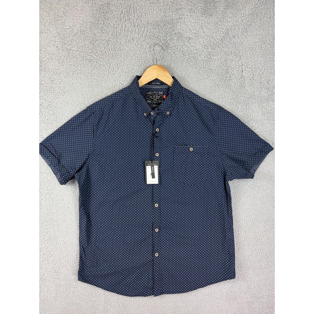 On The Road Shirt Mens XL Blue Polka Dot Short Sleeve Button Front Slim Casual